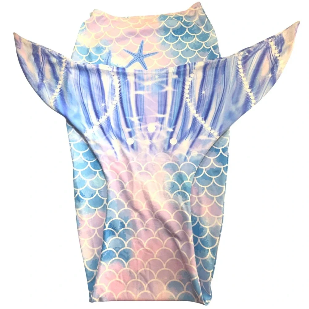 Kids Mermaid Tail Costume Skirt Blue Pink Purple Scale Print Starfish Starburst